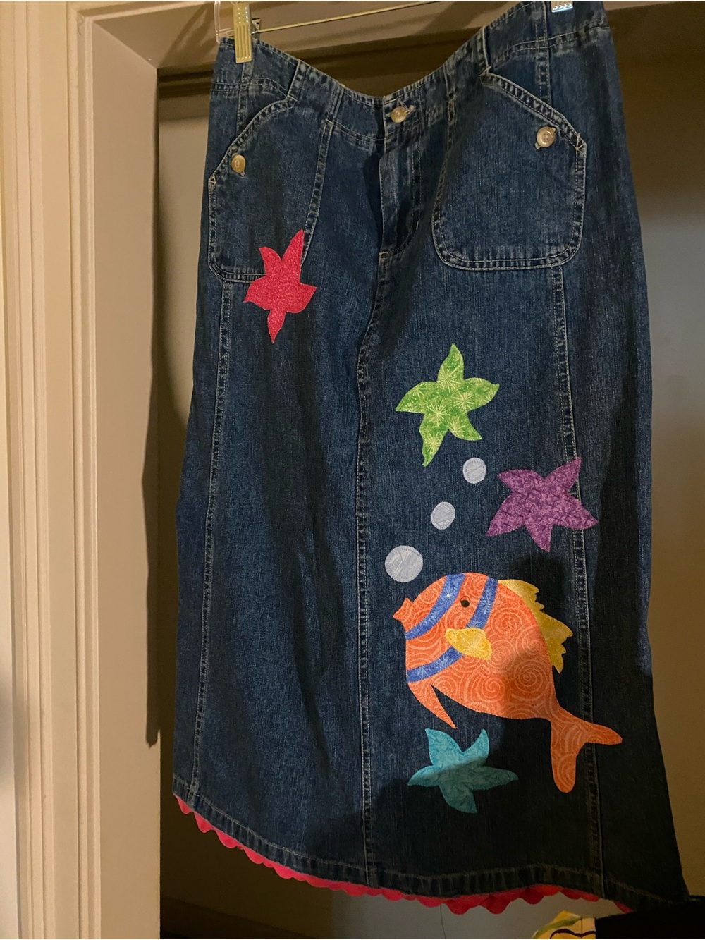 Vintage style, Denim Skirt with Colorful Fish & Starfish Appliqués